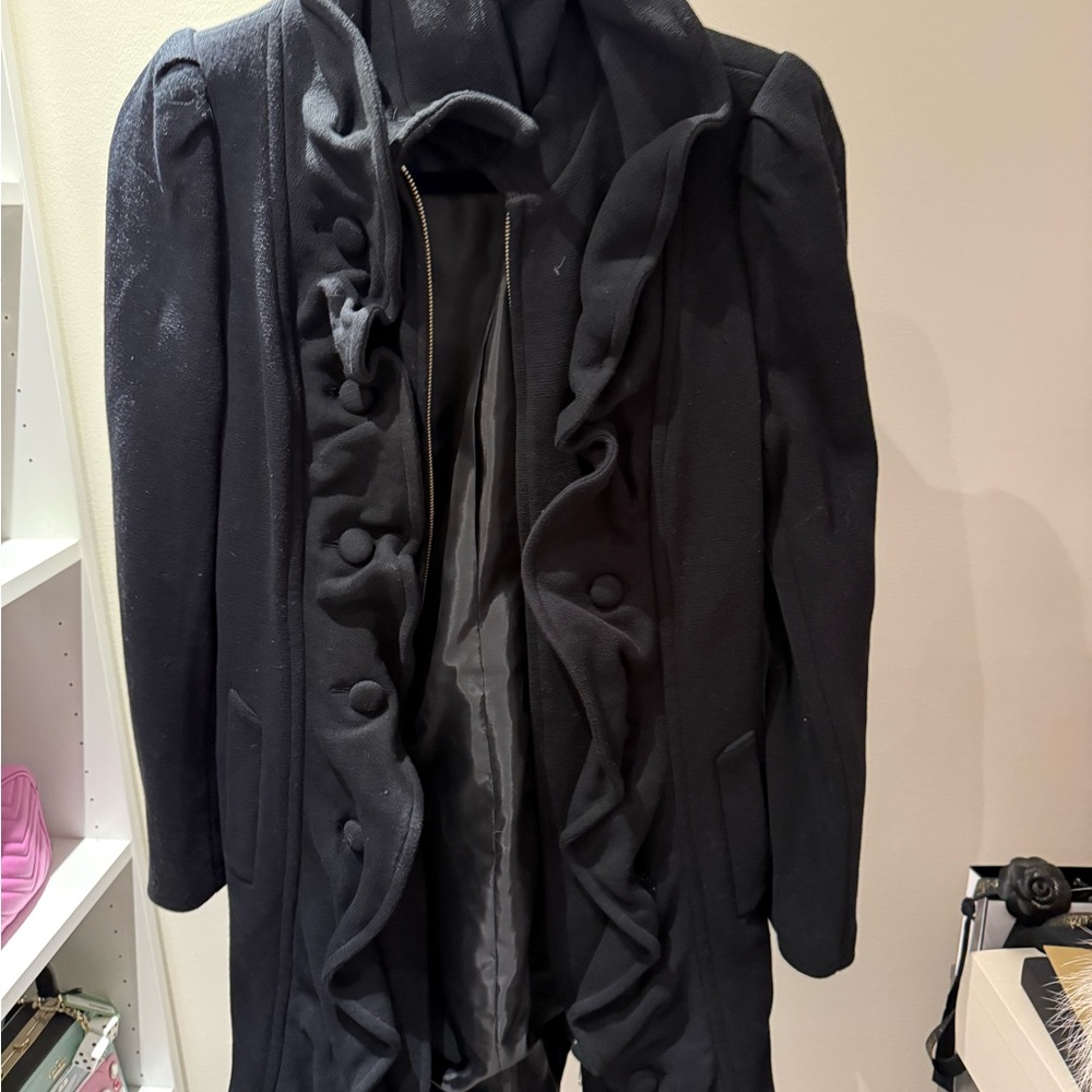 INC International Concepts Black Ruffled Trench Coat